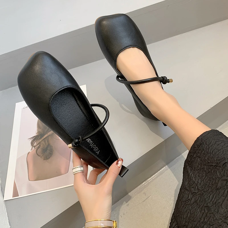 Soft Leatherette Ballerinas Women Rope Belt  Ballet Flats Square Toe Loafers Ladies Retro Red Mary Janes 2022 New view 5
