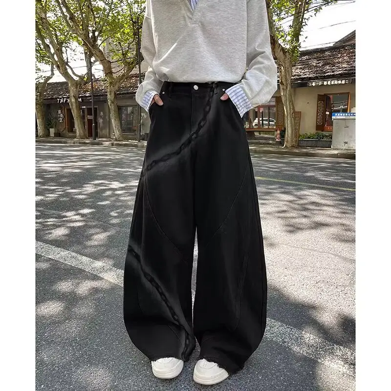 

Мужские джинсы в стиле хип-хоп в американском стиле, модные брендовые джинсы с широкими штанинами длиной до пола, модные брендовые джинсы