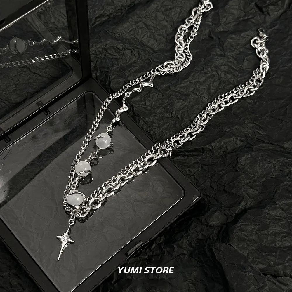 Titanium Steel Multi layered Star Cross Pendant Necklace For Men Women Trend Kpop Crystal Bead Sweater Chain Unisex Jewelry