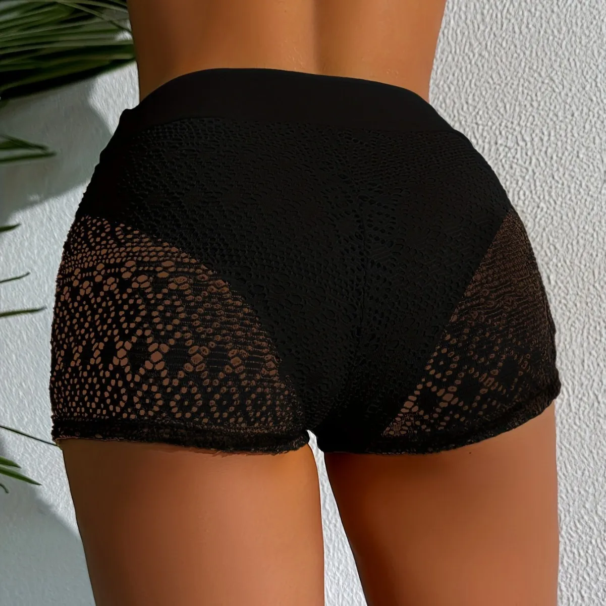 Women Solid Black Bikini Bottom Sexy Mesh Wide Leg Swimming Trunks Hollow Out High Waisted Two Piece Separates 2024 Beachwear