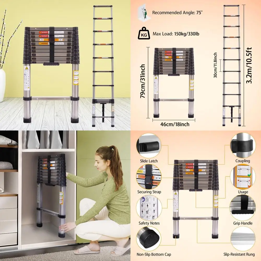 الثقيلة الفولاذ المقاوم للصدأ سلم متداخل الأجزاء 10.5FT/3.2M تمديد المحمولة سلم قابل للطي للاستخدام قوي ومتين #1