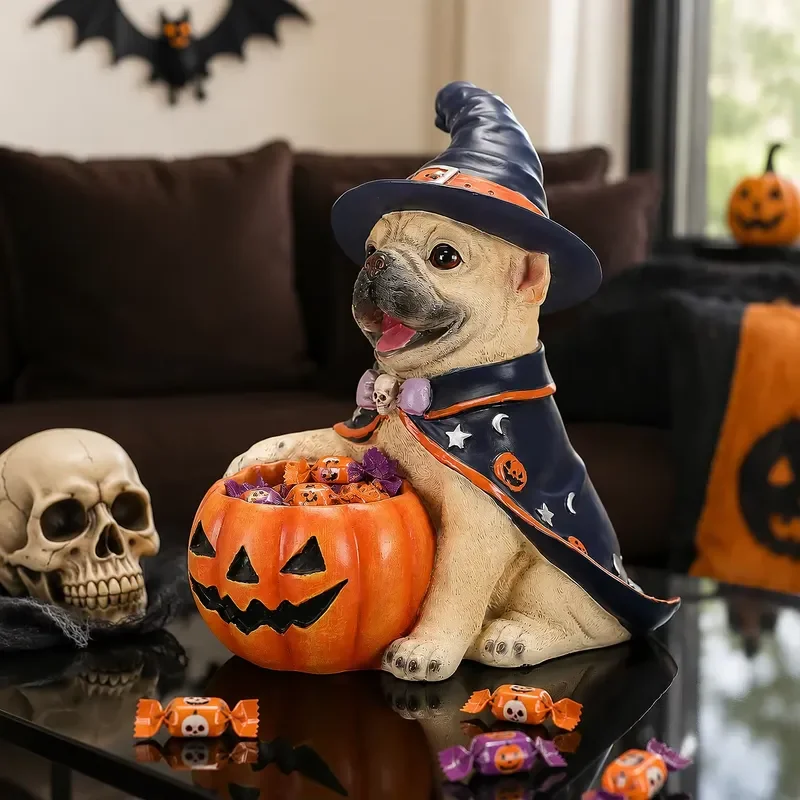 Cute French Bulldog Witch Statue Holding Pumpkin Candy Bowl Halloween Puppy Decorations for Home Party Table Centerpiece Gift