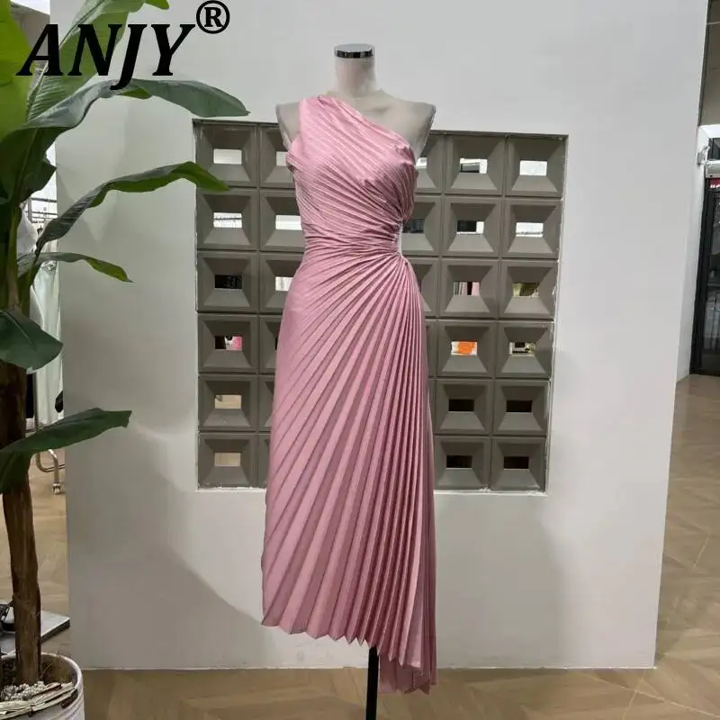 

ANJY Summer New Women Elegant Niche Pleated Diagonal Collar Off The Shoulder Irregular Expose Waist Sleeveless Long Dress A23548