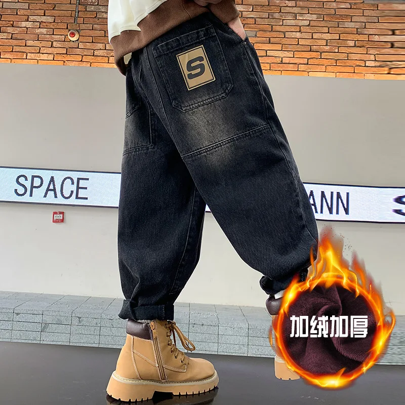 

School Boy Winter Velvet Insulated Jeans Warm Fleece Lined Stretch Straight Trousers For Kids Dark Gray Thermal Jeans Pants 3-12
