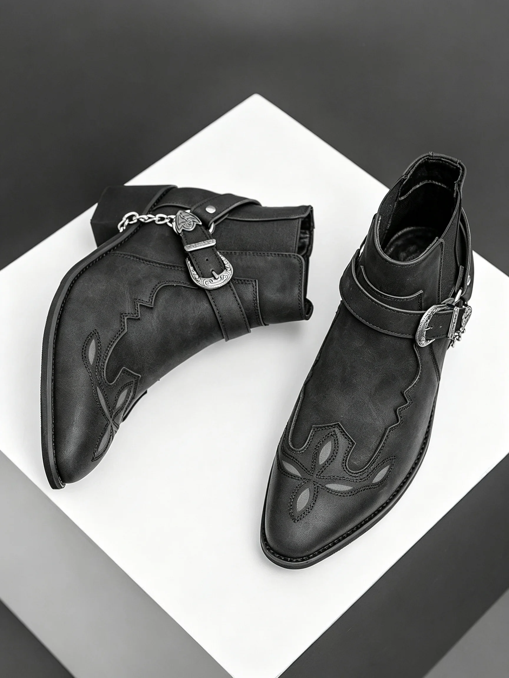 QRLQRL Men's Boots Vintage Cowboy Boots Leather High Top Casual Shoes Buckle Strap Punk Shoes Pointed Toe Men Motorcycle Boots