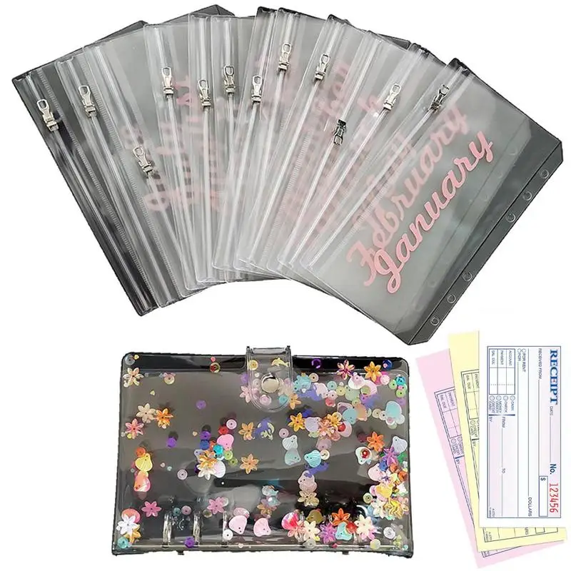 A6 Budget Binder Cover With 12Pcs Transparent Cash Envelopes Waterproof PVC Reusabe Cash Bags For Budget