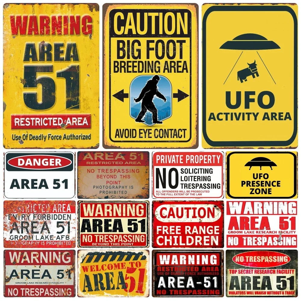 Warning Area 51, Vintage Metal Tin Sign, UFO Activity Area, Caution Danger Wall Plaque, Retro Painting Sticker, Home Decor, WY80