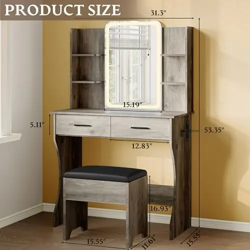 Makeup Vanity Desk with LED Lights and Mirror, Small Vanity for Bedroom | Vanity set with Stool, 3 Lighting Modes