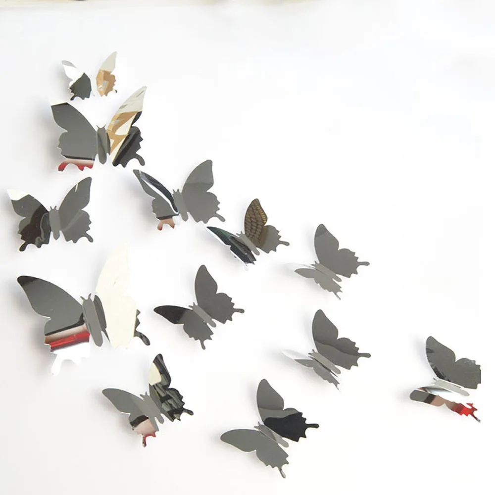 12Pcs/lot 3D Butterfly Mirror Wall Sticker Decal Wall Art Removable Wedding Decoration Kids Room Decoration Art DIY Stickers