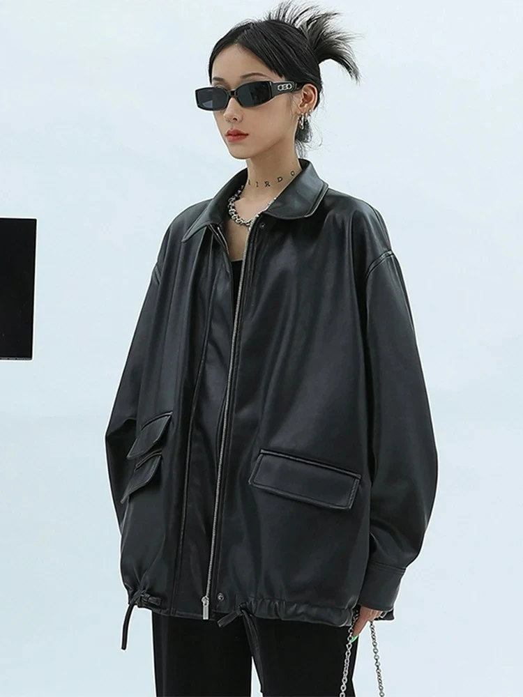 Fashion Spring Autumn Oversized Casual Waterproof Black Soft Pu Leather Jacket Women with Drop Shoulder Long Sleeve Coats 2024