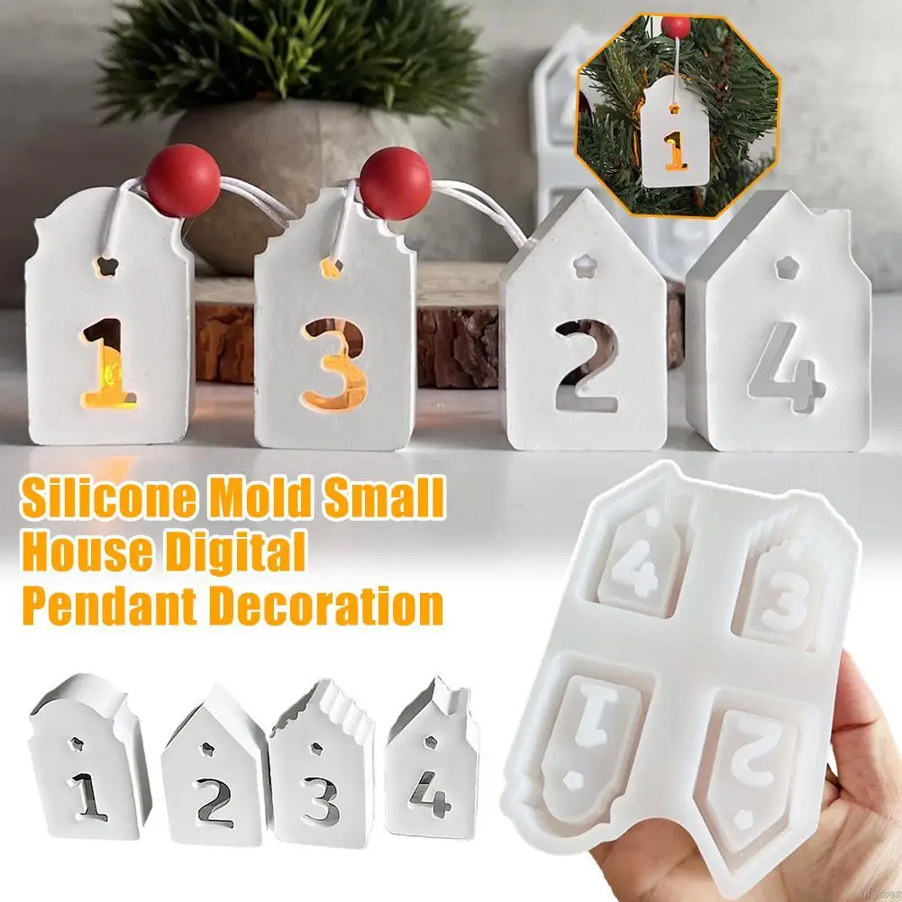 4 Holes Christmas Advent Numbers 1 2 3 4 House Silicone Mold Digital Pendant Decoration Mold Christmas Tree Hanging Plaster Mold