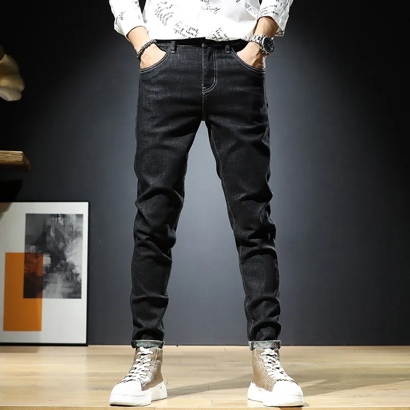 Autumn Men Jeans Korean Style Streetwear Black Slim Fit Pants Casual Stretch Denim Trousers
