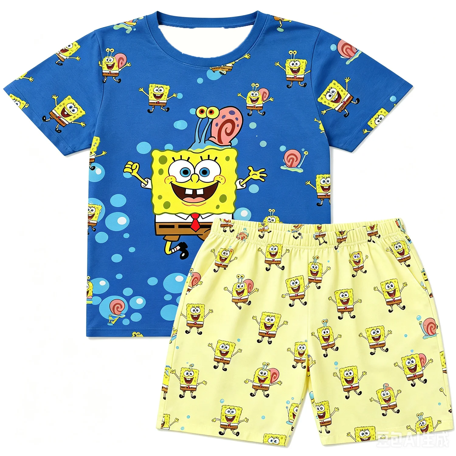 Full SpongeBob Characters Wave Print T-Shirt Shorts Set For Men Women Kids Soft Cute Anime Summer Loungewear Pajama Suit