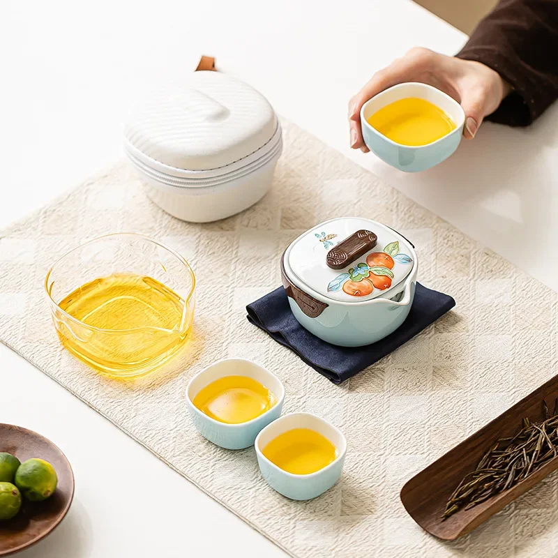 Hand-painted Ceramic Travel Tea Set Outdoor Tea Making Portable Bag One Pot Three Cups Camping Luxury Camping Kung Fu Tea Set