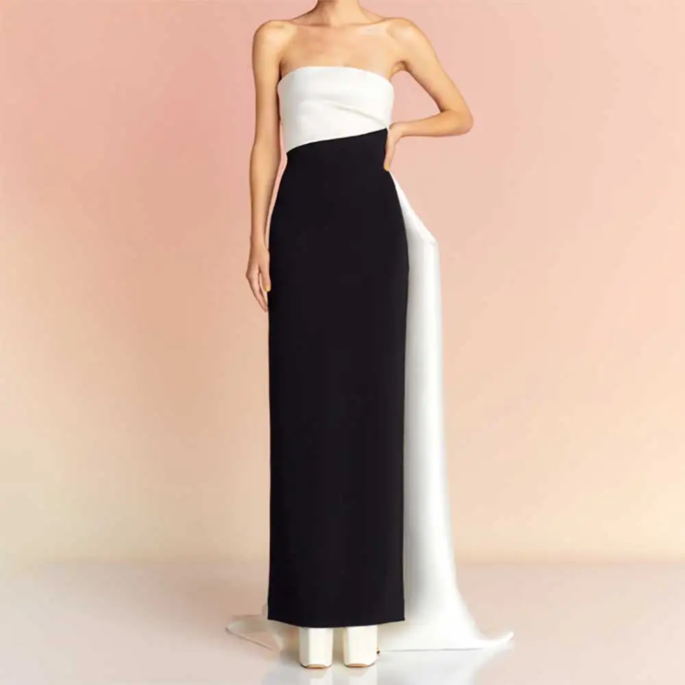 

Black White Evening Dress Pleated Strapless Sleeveless Straight with Train Formal Prom Party Dress Elegant Wedding Guest Gowns