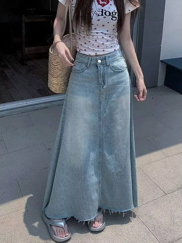 Summer High Waist Loose Fit Midi A-Line Skirt for Women Denim Frayed Hem Umbrella Skirt plus Size Slimming Short plus Size