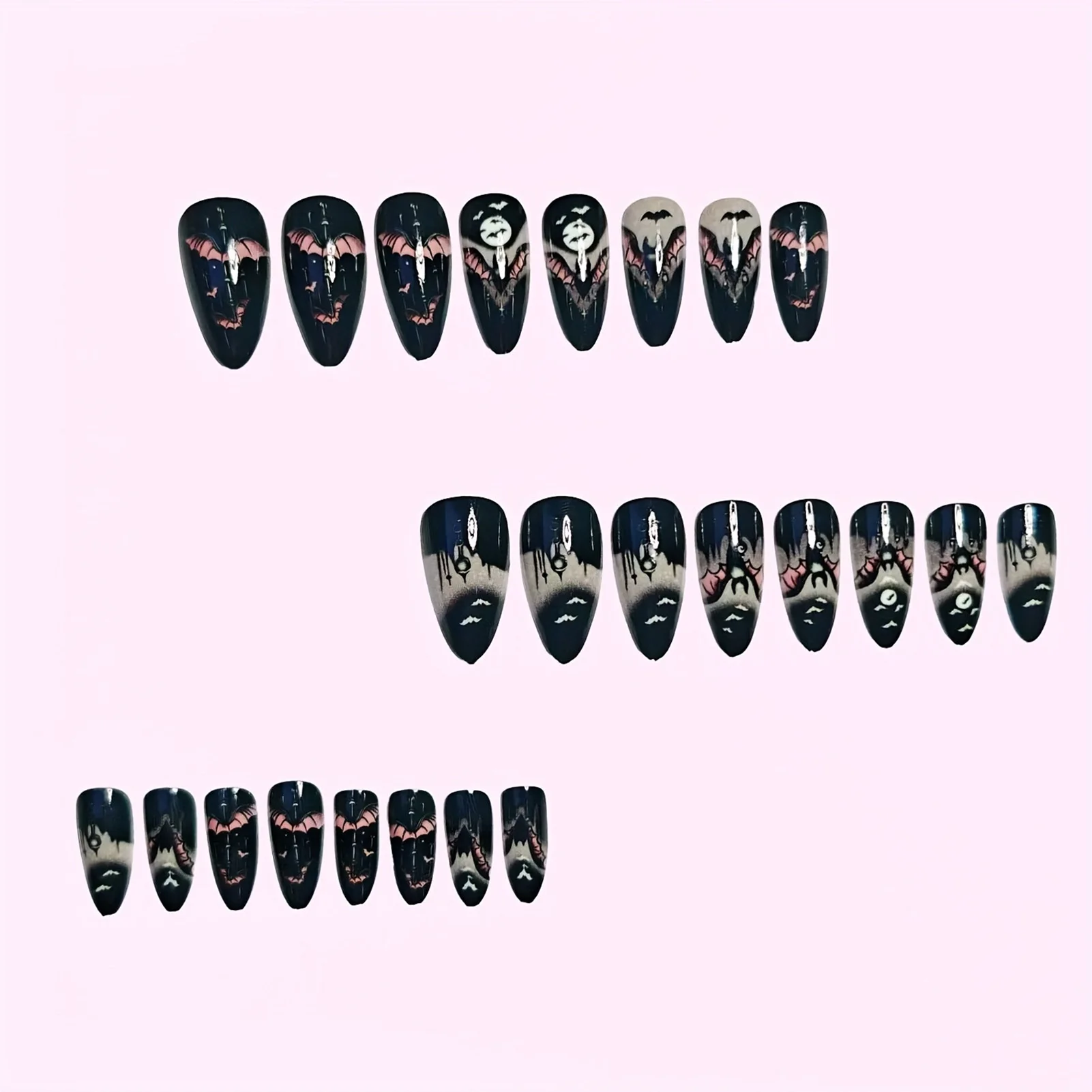 24 Stuks Halloween Nep Nagels Zwarte Amandel Druk Op Nagels Enge Vleermuis Ontwerpen Vrouwen Meisjes Charms Manicure Volledige Dekking Kunstnagels