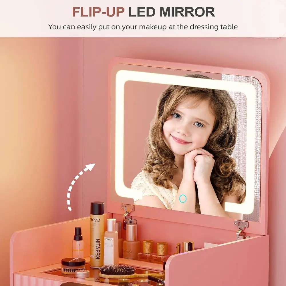 3 in 1 Small Vanity Desk with Plip Top Mirror & 3 Ders or Bedroom,Pink | Makeup Vanity with Visible Glass Desktop,Compact Vanity view 3