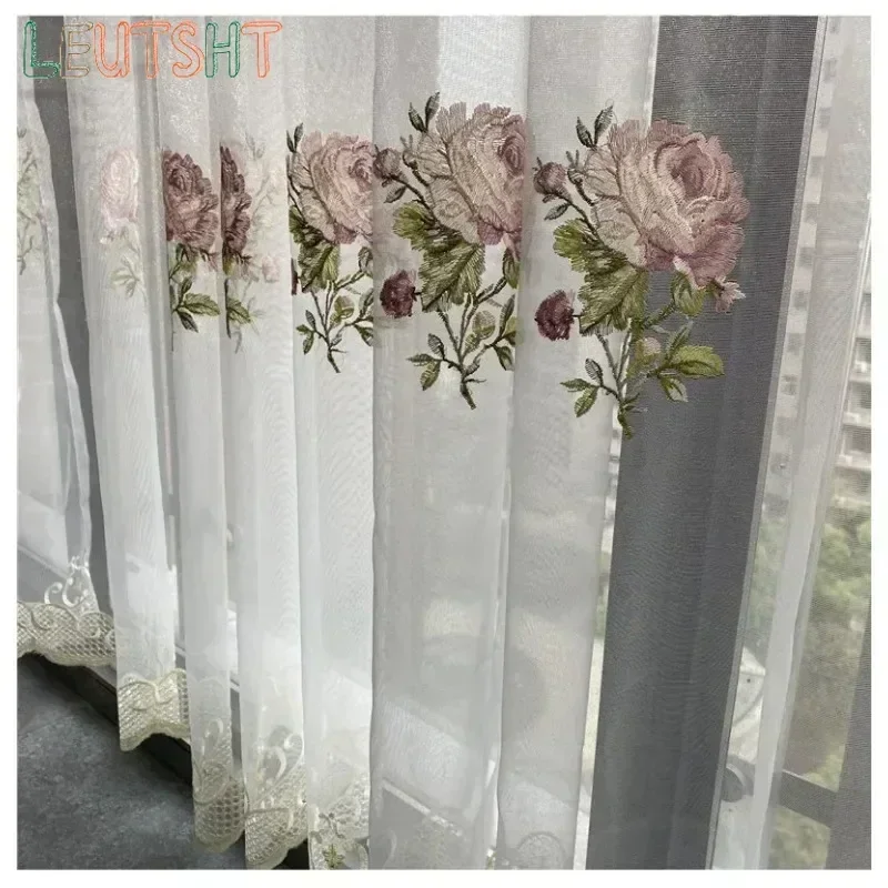 Cortina de tul con bordado de peonías de lujo americano para sala de estar, cortinas de gasa transparentes con bordado de flores elegantes europeas para dormitorio