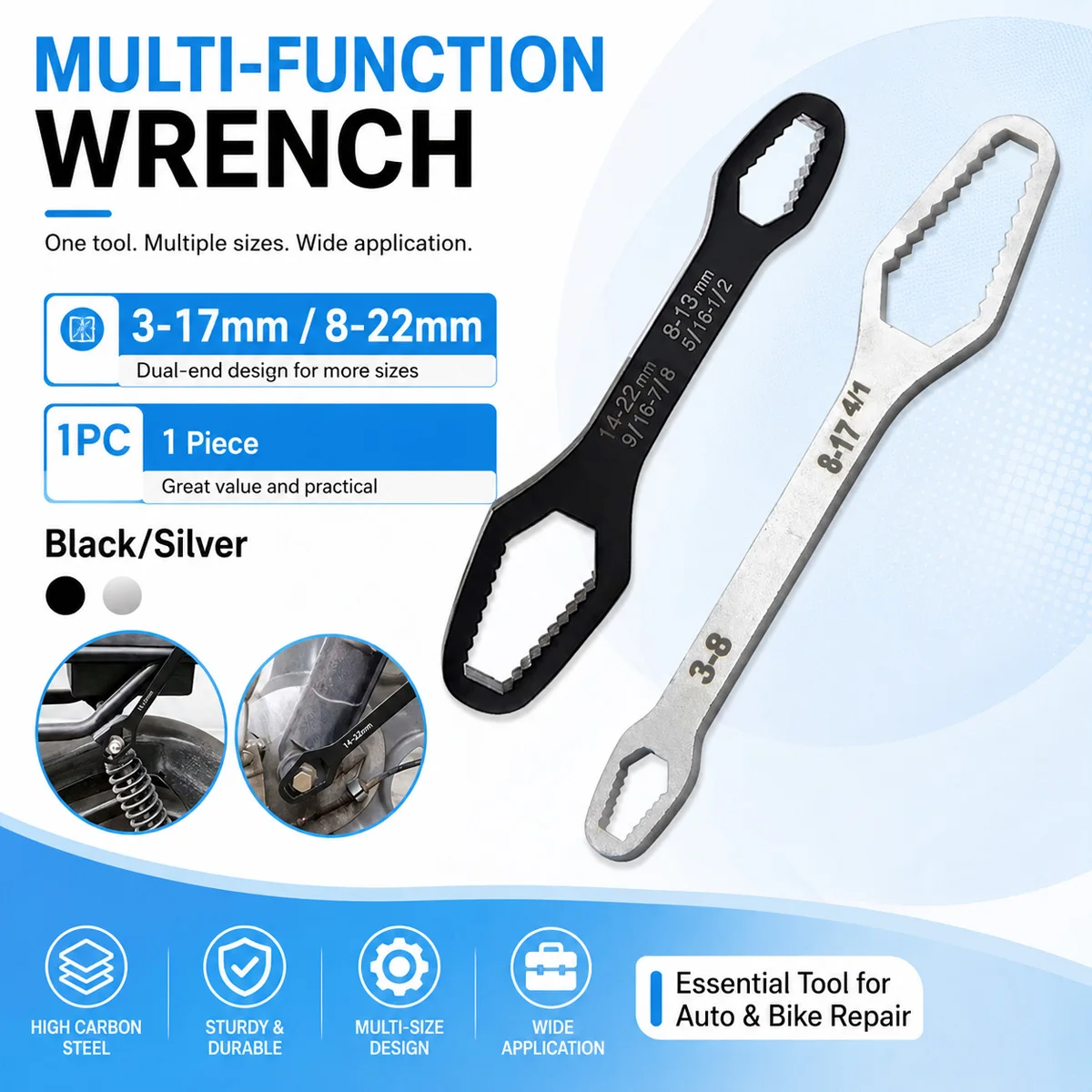 1pc Multifunctional Wrench Universal Wrench Kit Double Headed Self Tightening Adjustable Wrench Tool Black/Silver 3-17mm/8/-22mm