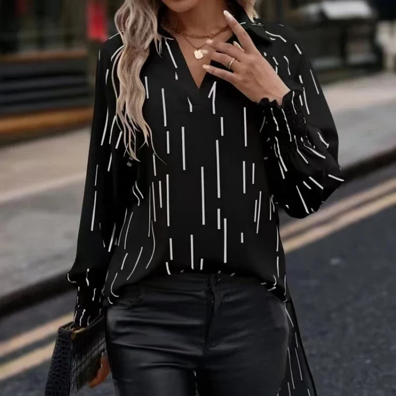 Casual Loose Striped Shirt V-neck Long Sleeve Blouse Fashion Spring Autumn 2024 Women Tops Streetwear Clothes Blusas New 25284