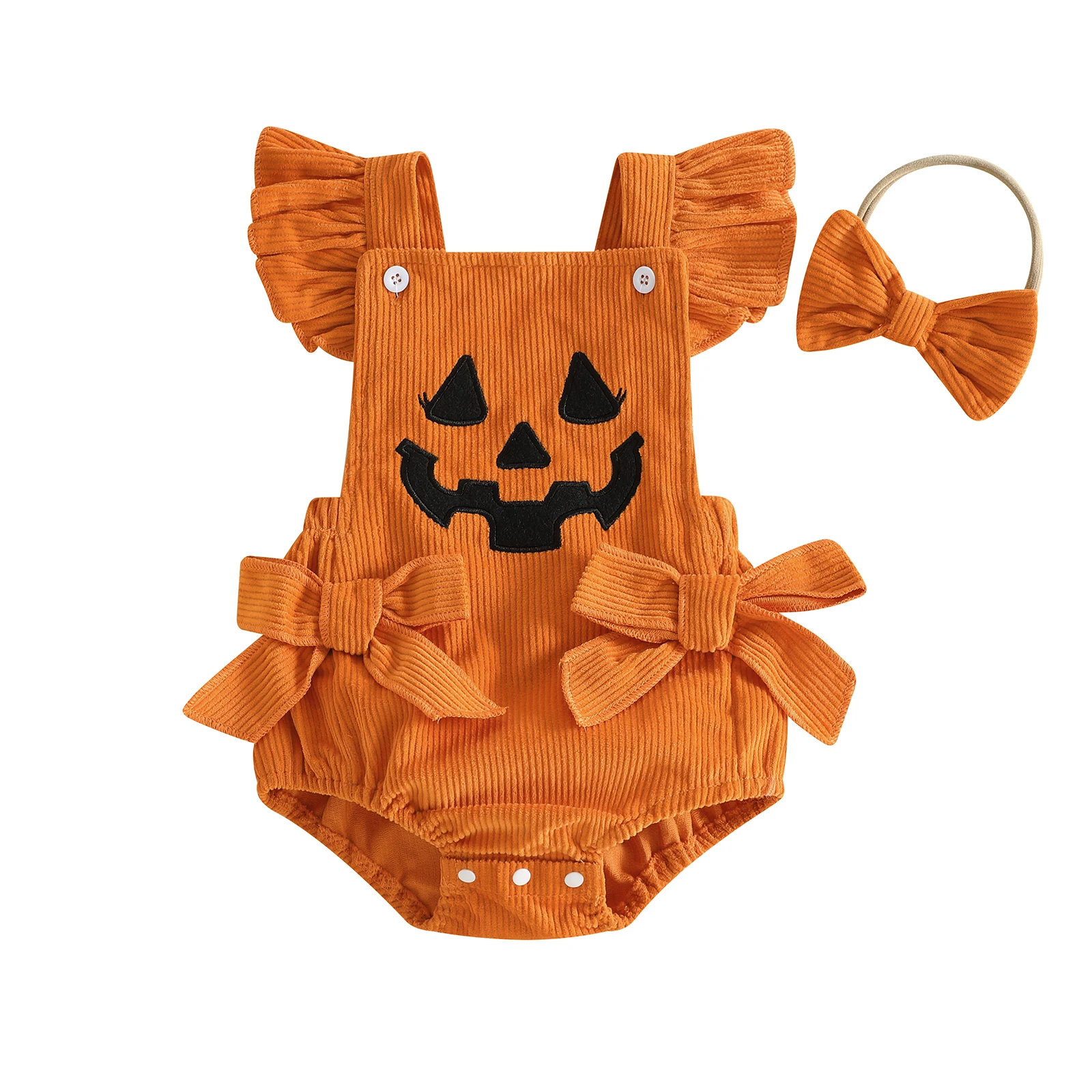 Baby Girl Halloween Outfit Devil Face Pattern Bows Ribbed Flying Sleeve Romper and Bow Headband 2 Pcs Set