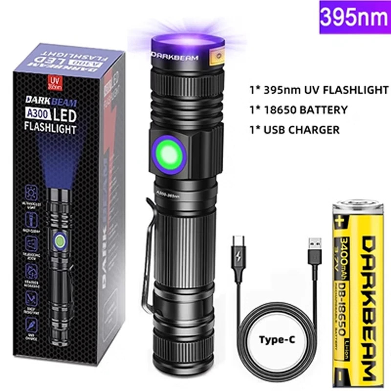 365nm UV flashlight Zoom 5W Type C USB rechargeable black light money detector for resin curing, pet urine detection fishing