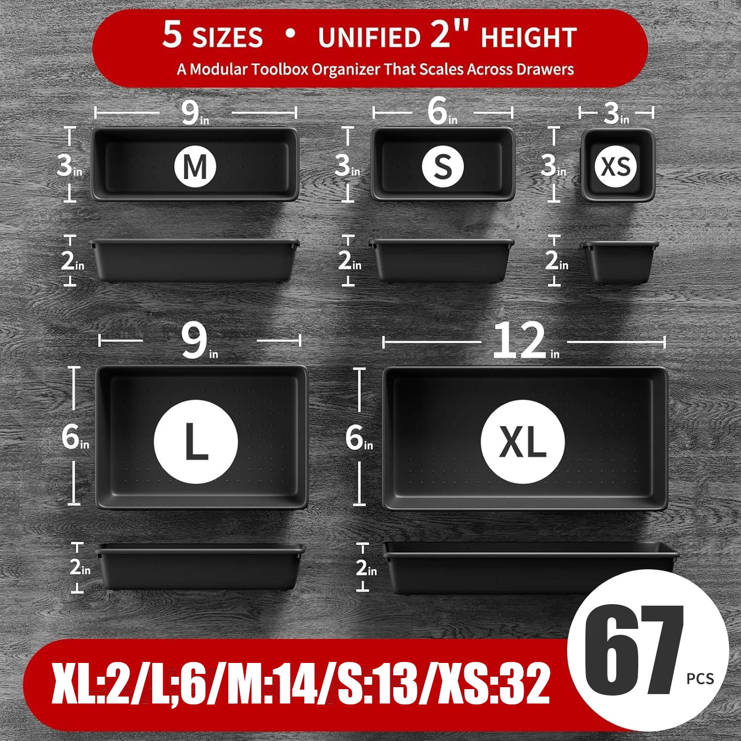 67/61/34/24/9PCS Desk Drawer Organizers 5 Size Interlocking Shallow Tool Organizer Tray Dividers Toolbox Storage Bins Container