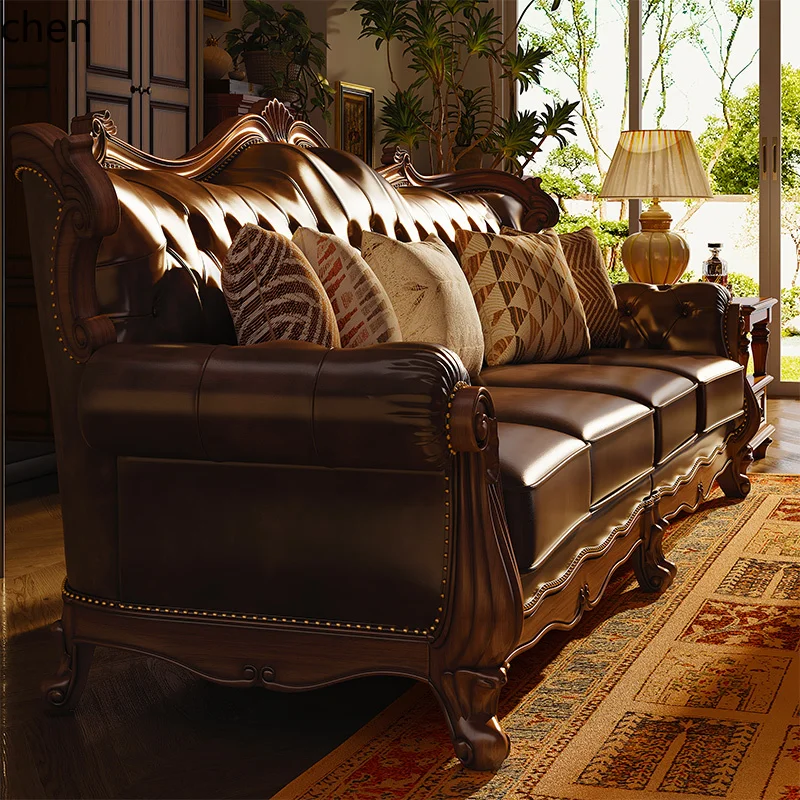 H1 rural retro solid wood leather sofa first layer cowhide 123 combination simple beautiful living room villa four people