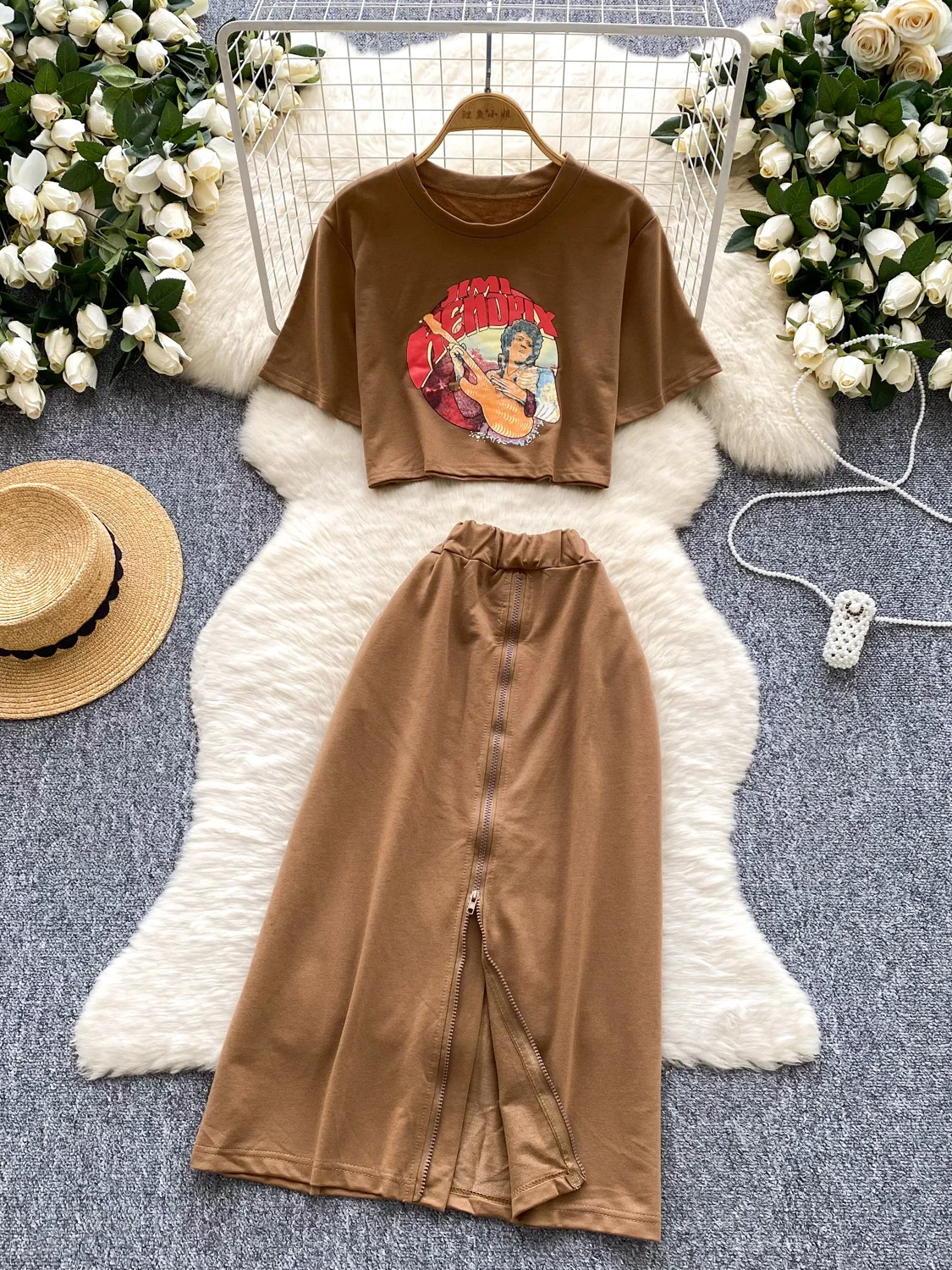 

Women's Casual Summer Outfit round Neck Short Sleeve Printed Crop Top High Waist Long Skirt Zipper Slit Fashion Set