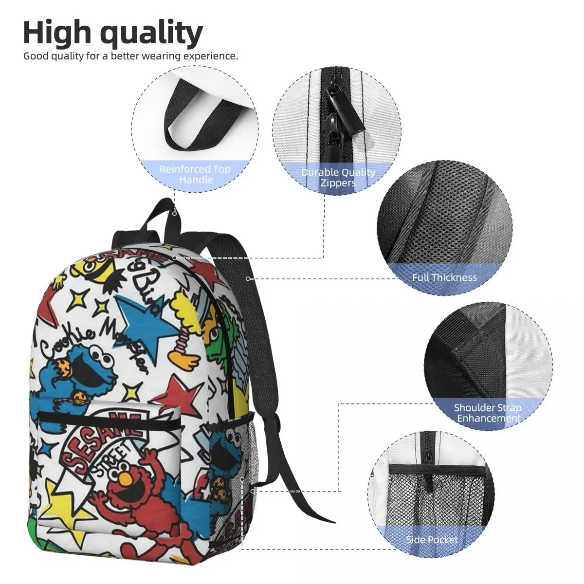 Sesame Street Backpack Daypack Large Capacity Kids BookBag School Bag Shoulder Bags for Men Women