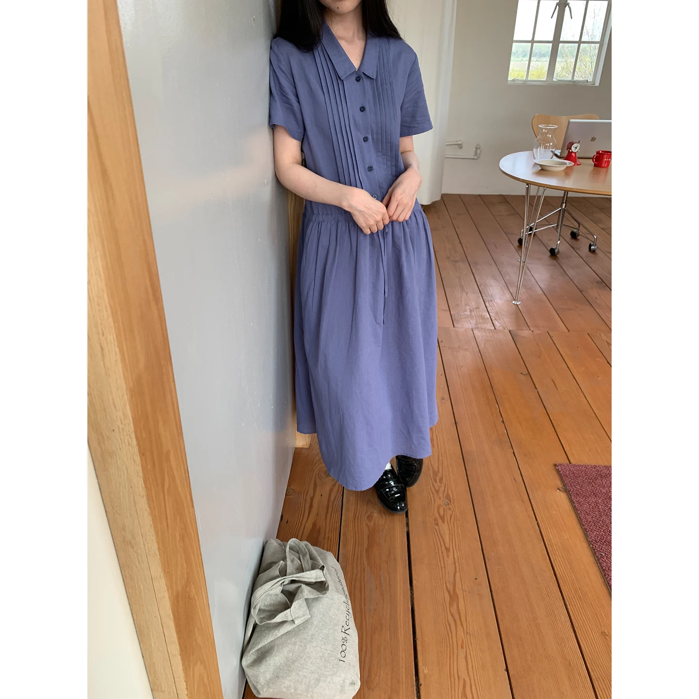 

Vintage Ondekoza Women's Loose Fit Shirt Dress Mid-Length A-Line Skirt Heavyweight Linen Pleated Waist-Cinching Short Sleeve