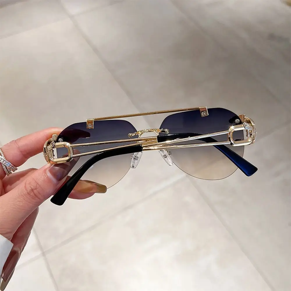 Trendy Rimless Cheetah Decor Sunglasses Gradient UV400 Shades Double Bridge Sun Glasses for Women & Men