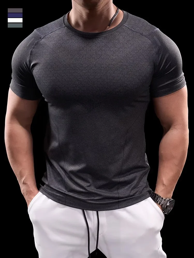 Men Sports Fitness Short-sleeved T-shirt Gym Running Training Top Quick-drying Breathable Stretch Tight Ice Silk Clothes Summer