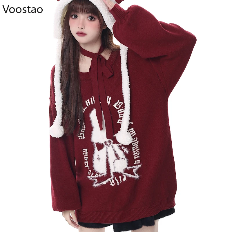 Vintage Rabbit Jacquard Knitted Pullovers Women Y2k Aesthetic Grunge Red Sweater Coat Korean Female Harajuku Loose Knitwear Tops