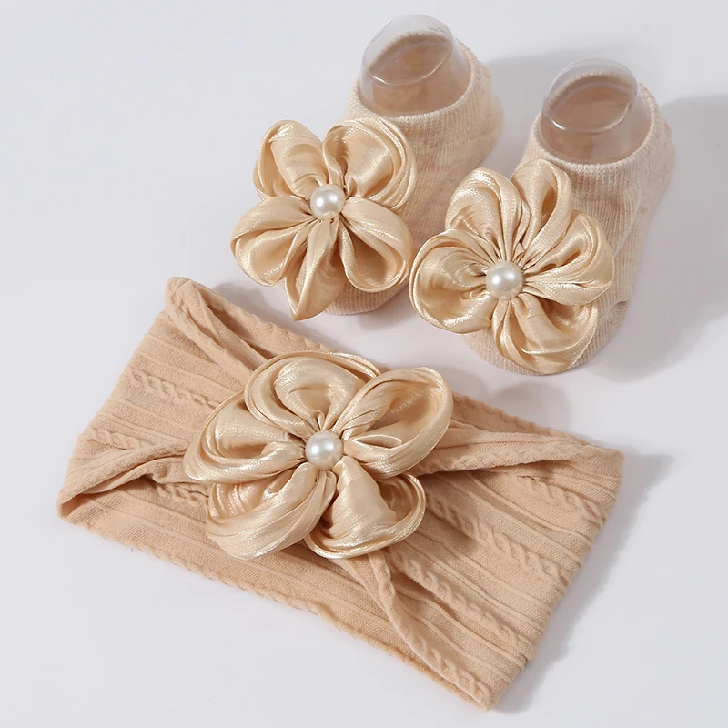 Cute Pearl Flower Baby Headband Socks Set Knitted Sock Soft Jacquard Newborn Hair Band Turban Girl Hair Accessories ﻿