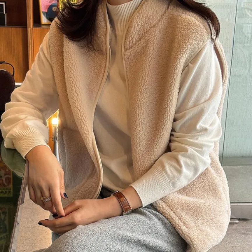 Gilet Chic en fourrure d'agneau pour automne et hiver, Jaet décontracté, polyvalent, chaleur, petit ence, Design sens, fermeture à glissière en Fiber de Polyester