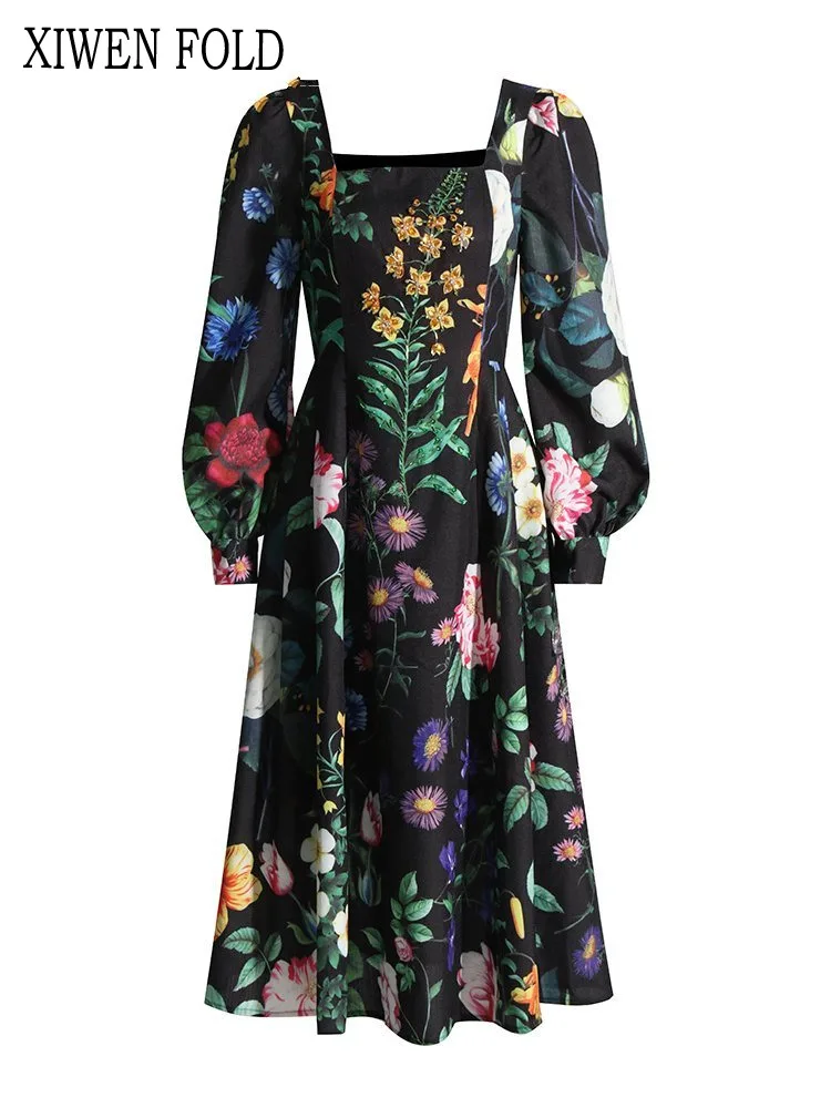 

XIWEN-Hit Colorful Printed Dress for Women Square Neckline Long Sleeves Waist One Line Elegant Dresses Autumn Wear TH3907 2024