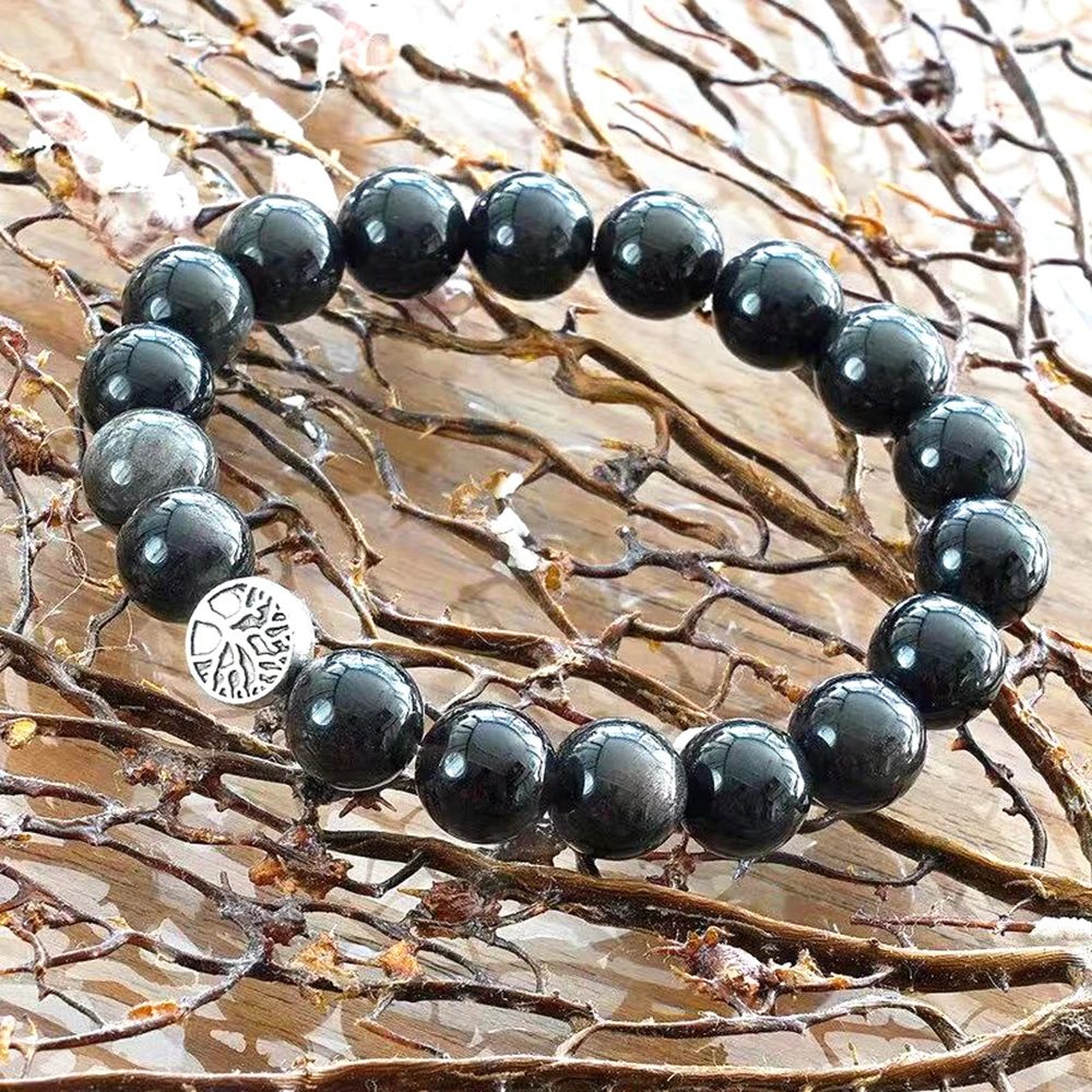 

MG2068 New Design 10 MM Silver Obsidian Tree Of Life Beads Bracelet Healing Crystals Gemstone Stress Relief Wrist Mala