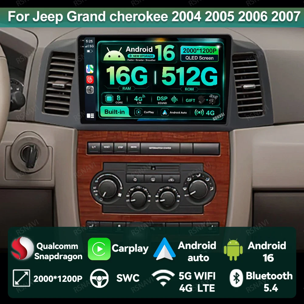 Radio para Auto Android 16 para Jeep Grand Cherokee 2004 2005 2006 2007 QLED Multimedia Inalámbrico Carplay Auto 4G LTE Qualcomm DVD GPS