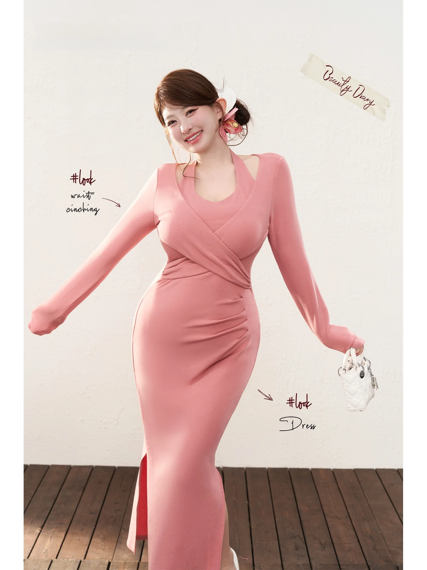 Saia Midi Ultra-Pink Ajustada para Uso Interno, Elegante e Justa, Manga Longa, Slim Fit, Outono Inverno, Feminina