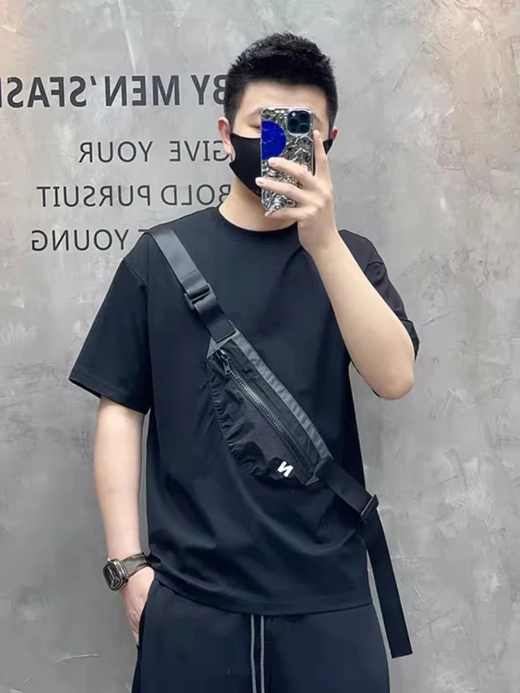 

Edgy Utility Sling Tee Men Oversized Solid Short Sleeve T - Shirt w/ Strap & Zippered Pocket - Summer Streetwear Casual Tee