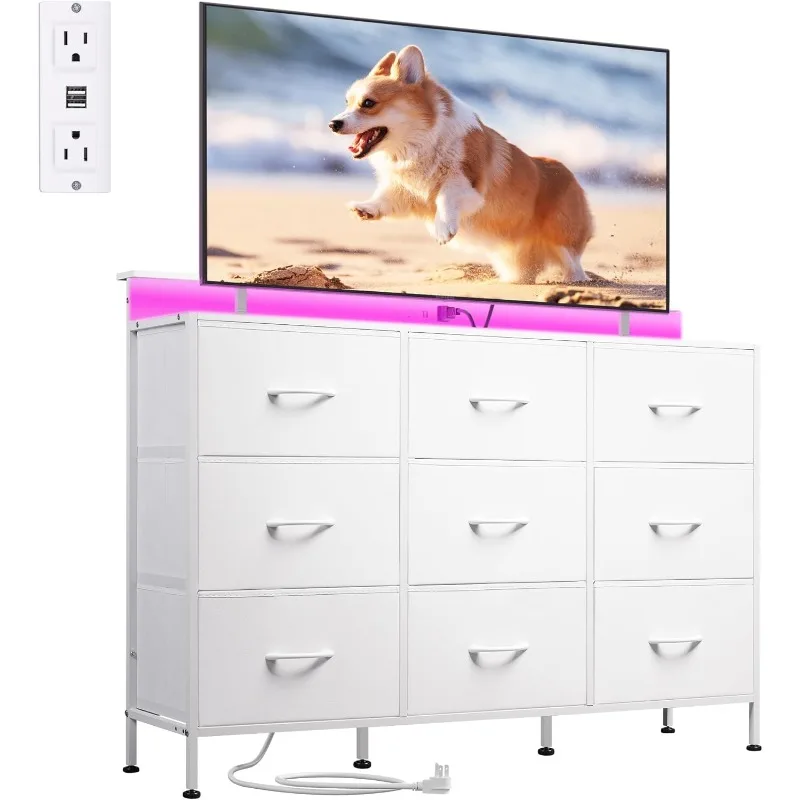 

Dresser TV Stand for 55 inch, Led Dresser for Bedroom, White Dresser with LED Lights and Charging Station, Chest of Drawers