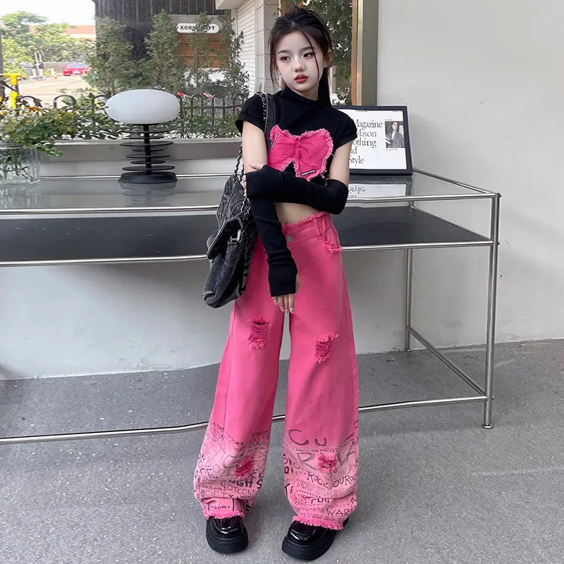 Young Girl Clothing Sets Removable Long Sleeves Butterfly Tops+Letter Gradient Wide Leg Pants Suits Fashion Hip Hop Teen Clothes