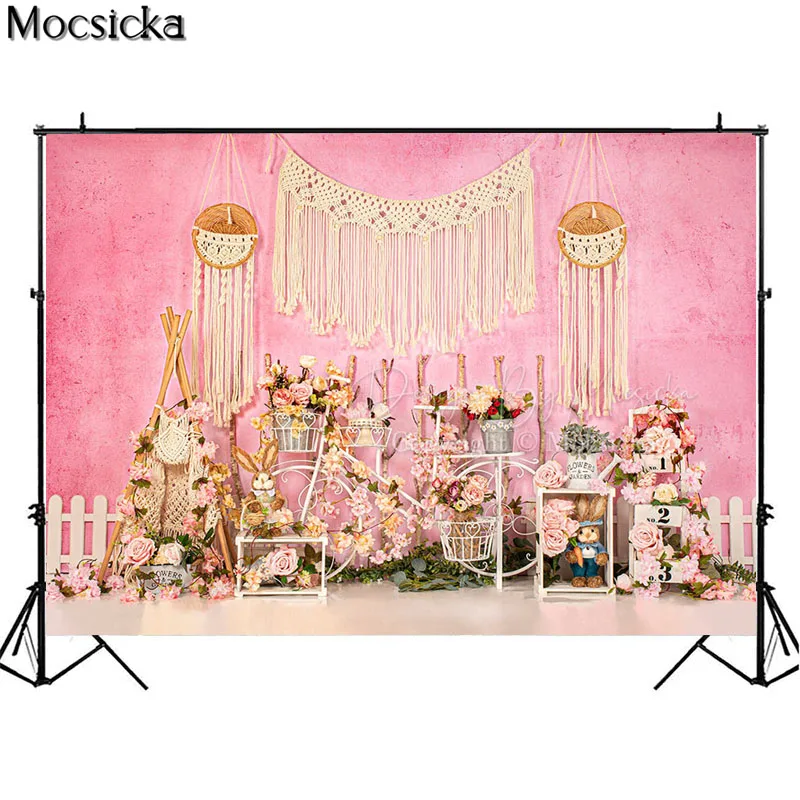 용수철 부활절 꽃 사진 배경, 꿈의 정원 핑크, 추상화 벽 토끼 장식, 어린이 케이크 스매시 사진 배경