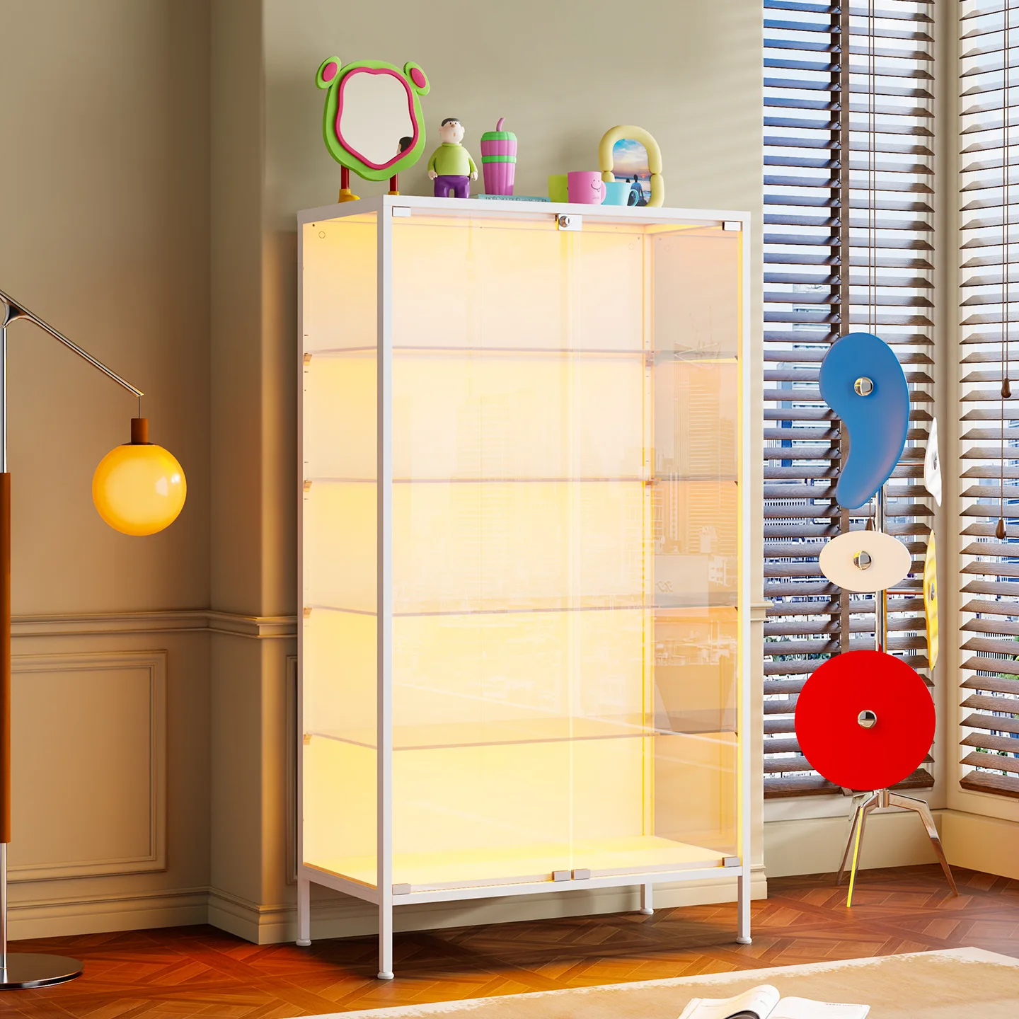 Display cabinet with lock lamp Multi-layer floor-to-ceiling glass cabinet Dust-proof locker Toy storage cabinet