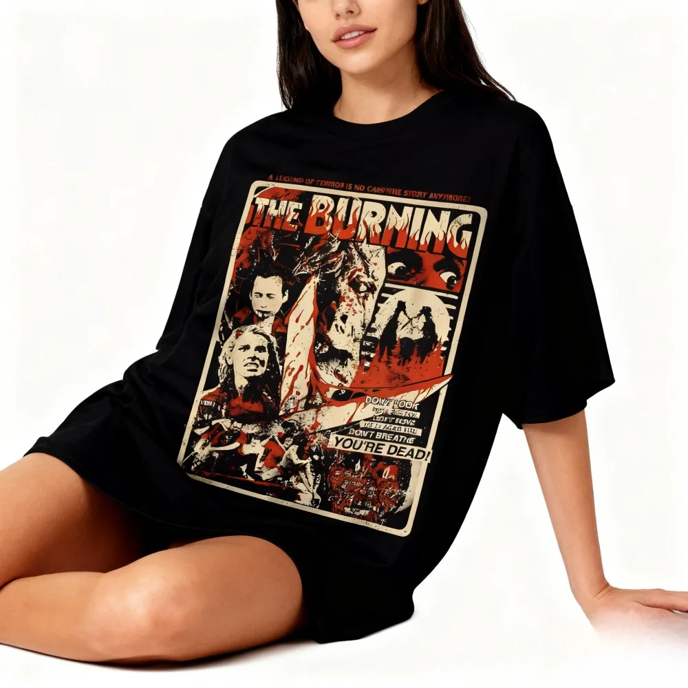 T-shirt à motif de film d'horreur pour hommes "Burning" style de conception d'affiche rétro T-shirt en pur coton quatre saisons haut streetwear T-shirt