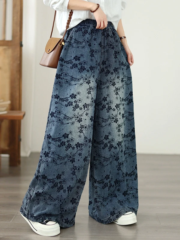 Retro Embossed Flocking plus Size Denim Pants Elastic Loose Wide Leg Casual Versatile High Waist Straight Leg Jeans for Women