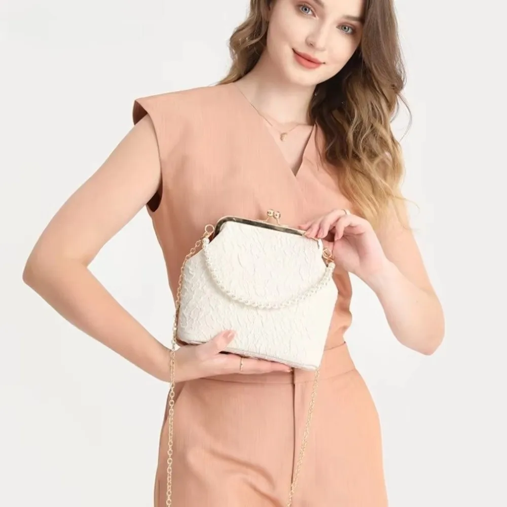 

Cloth Kiss Lock Shoulder Bag Solid Color Pearl Chain Chinese Style Crossbody Bag Single Shoulder Handheld