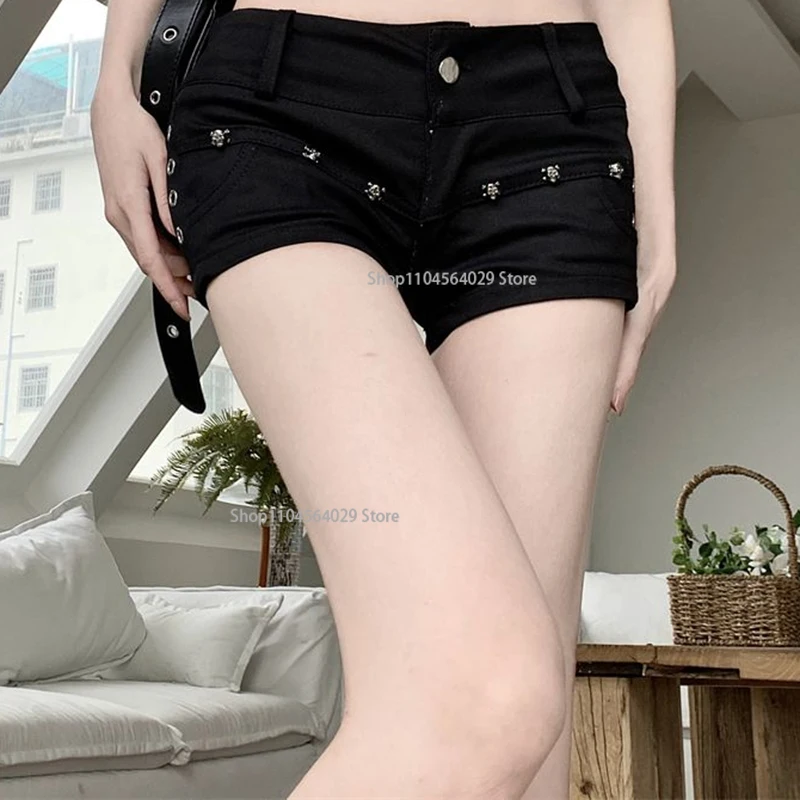 Summer Girls Korean Denim Shorts Lady Ultra Low Rise Y2k Designer Short Pants Female Black Rivet Hip Hop Wrap Hip Skinny Jeans